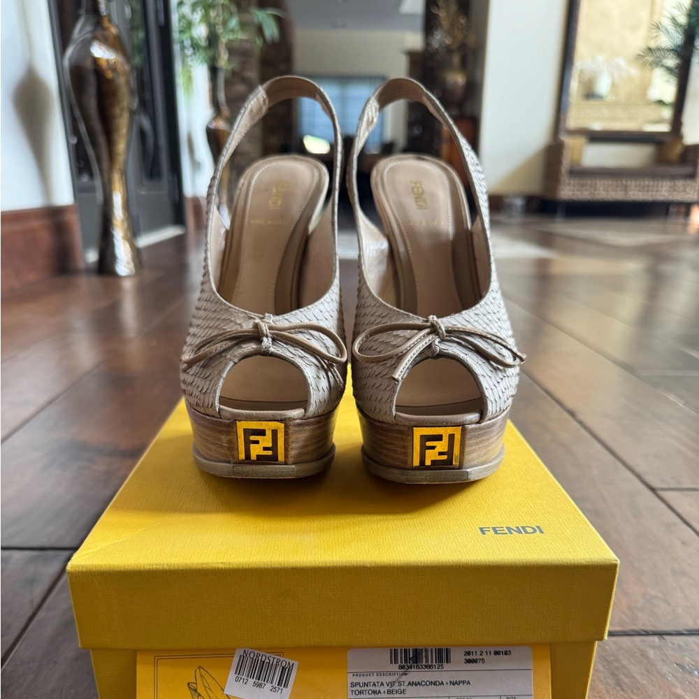 Fendi Beige Peep-Toe Wedge Sandals